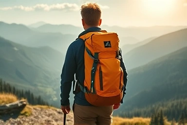Hiker with comfortable day pack on mountain ridge.